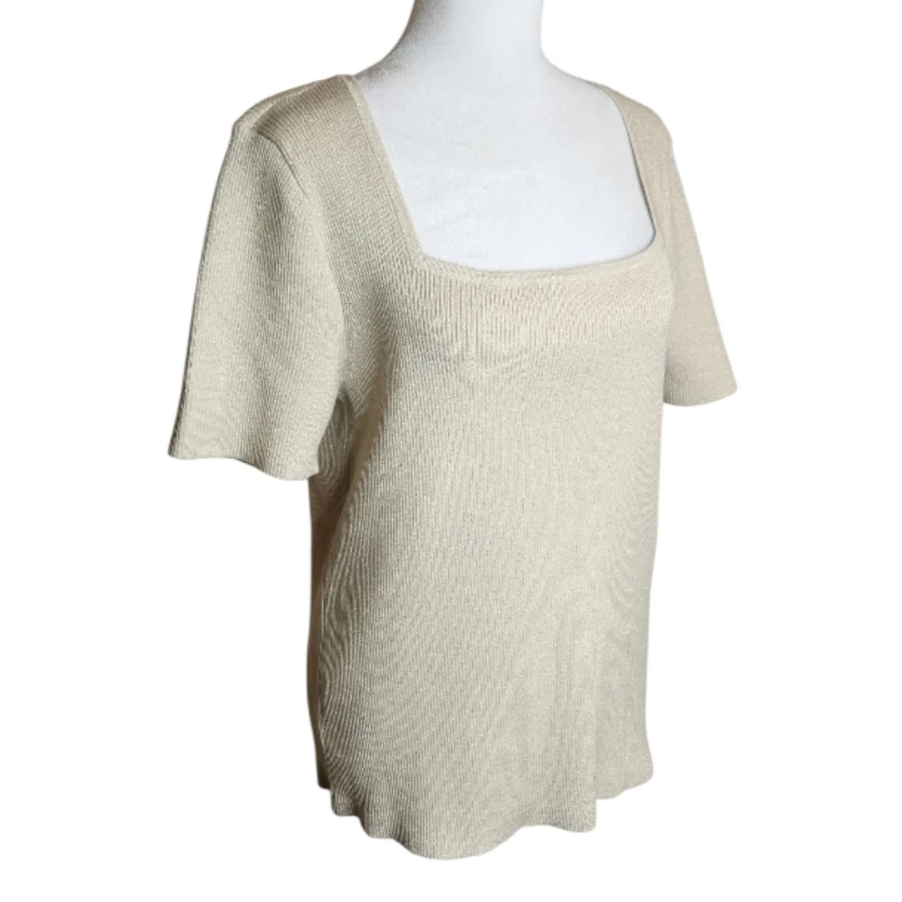 NEW Loft Gold Metallic Square Neck Short Sleeve Sweater Size XL